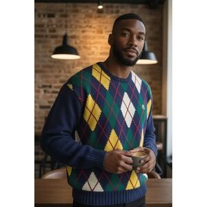 Vintage‎ Embassy Row Sweater Mens XL Blue Argyle Cotton Knit Preppy Grandpacore